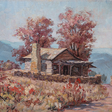 landscape featuring a central log cabin with mountains behind it.
